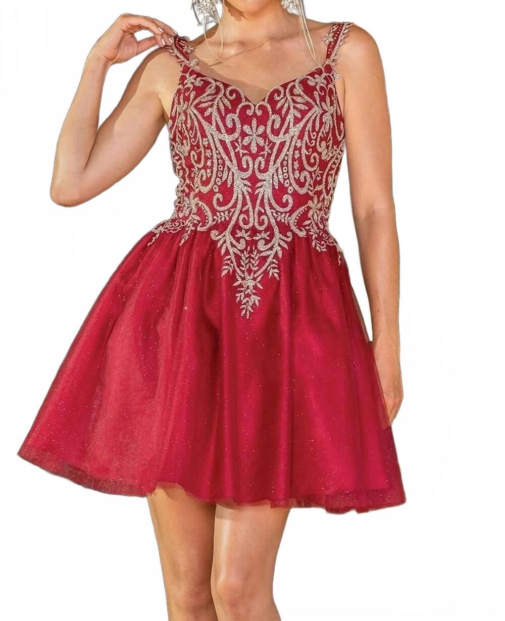 NEW DANCING QUEEN embroidered-bodice glitter homecoming dress in burgundy
